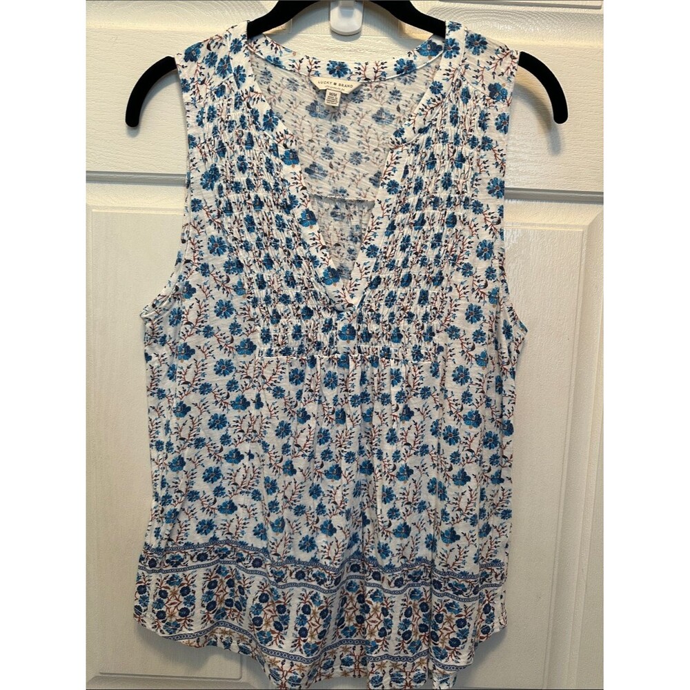 Lucky Brand White Sleeveless Floral V-Neck Top with Blue Print Smocked top Med